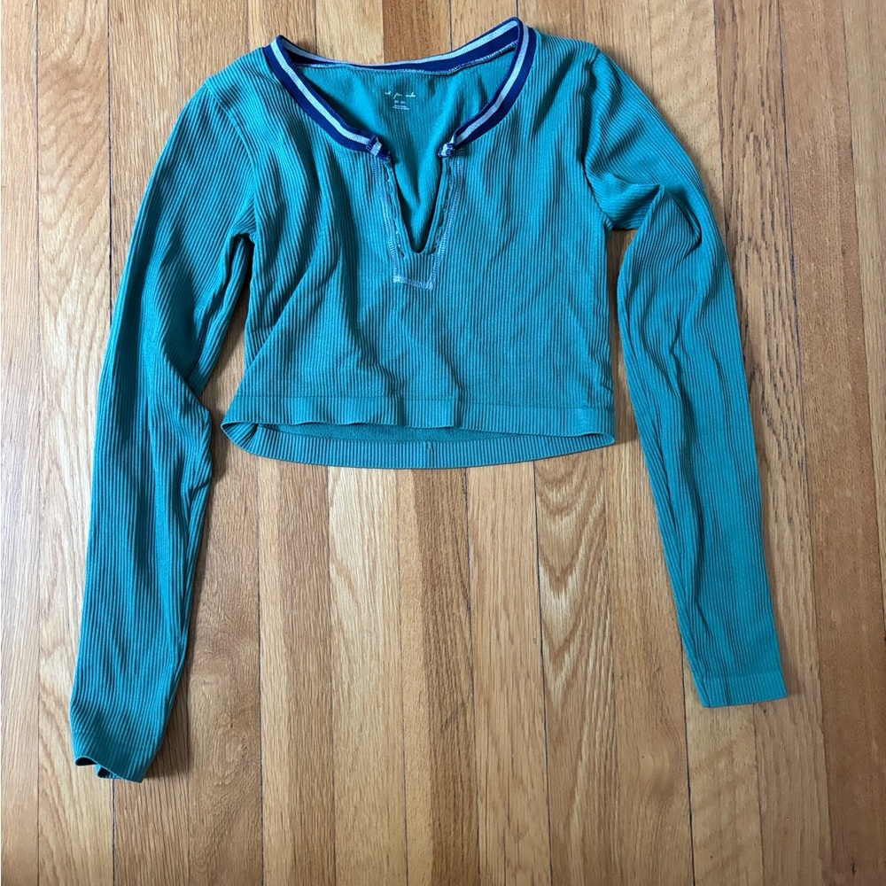 Urban Outfitters Teal Ribbed Top with Striped Trim